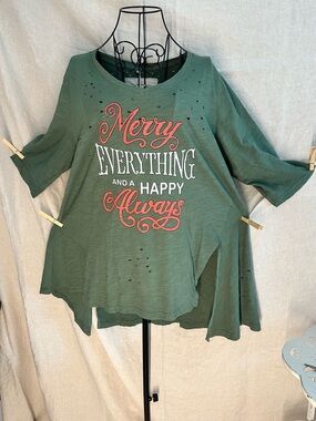 A Rare Bird Merry Everything Green & Red 3/4 Sleeve Distressed Tee Medium